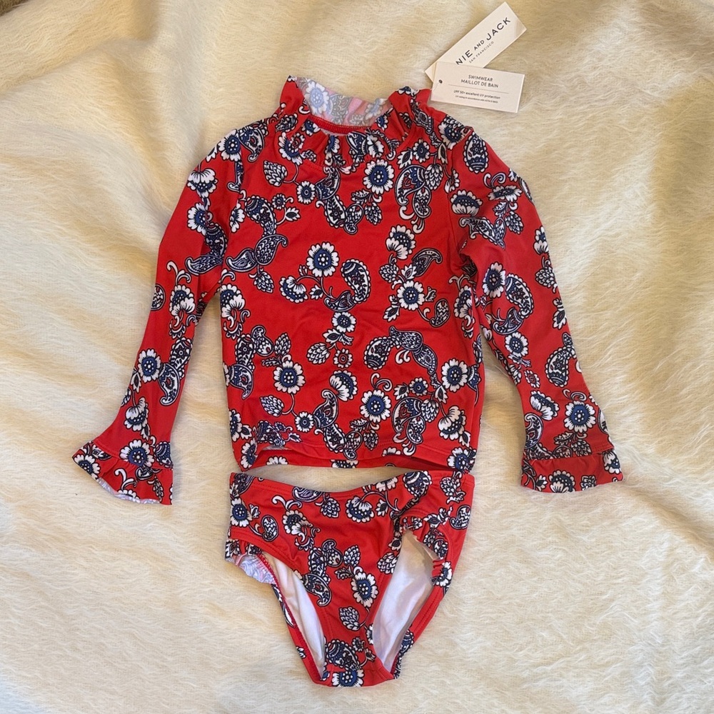 Janie and Jack Size 3T Red and Blue Floral Kids Swim Long Sleeve Two Piece